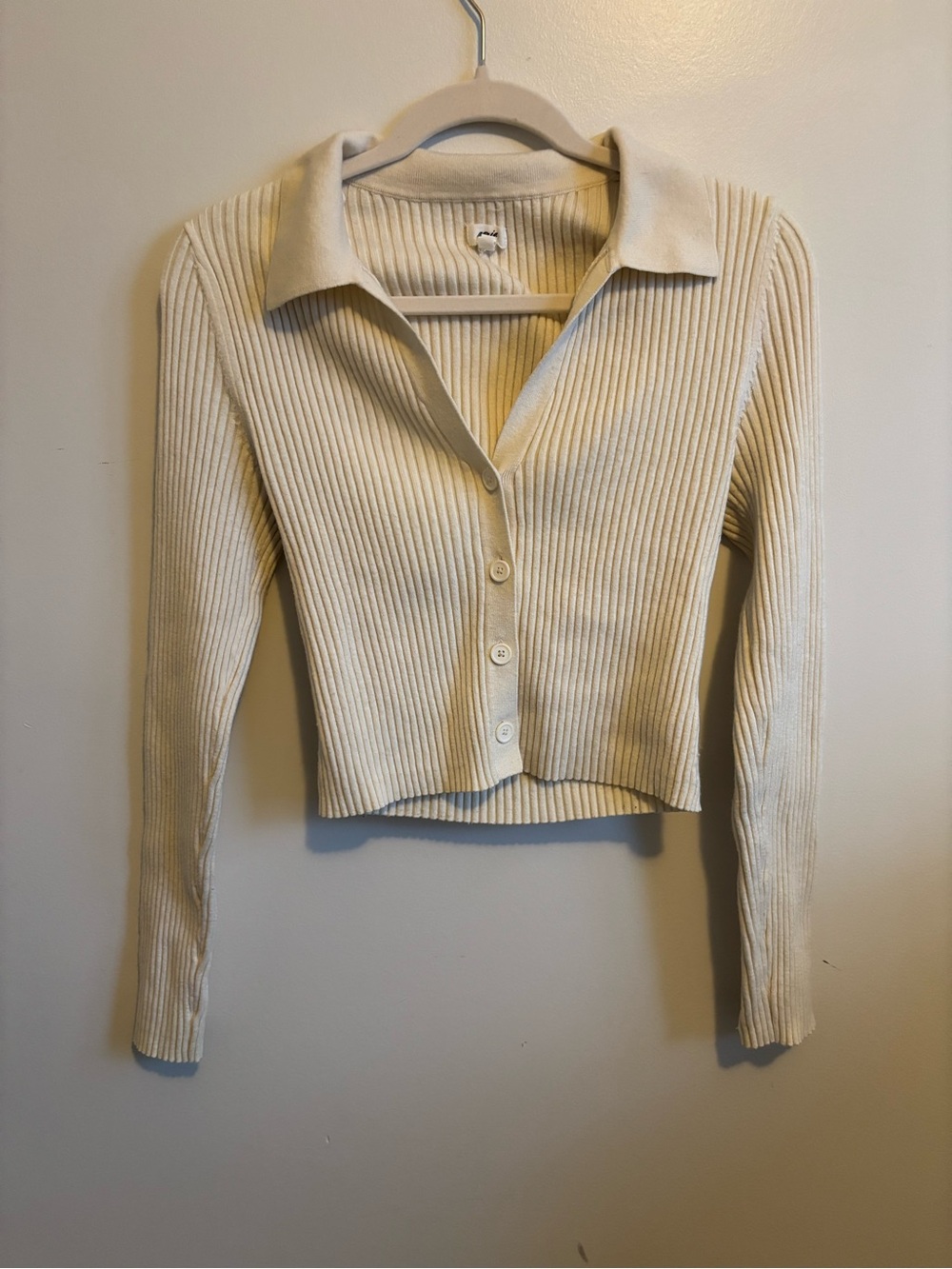 aerie Cream Ribbed Button-Front Collared Cardigan